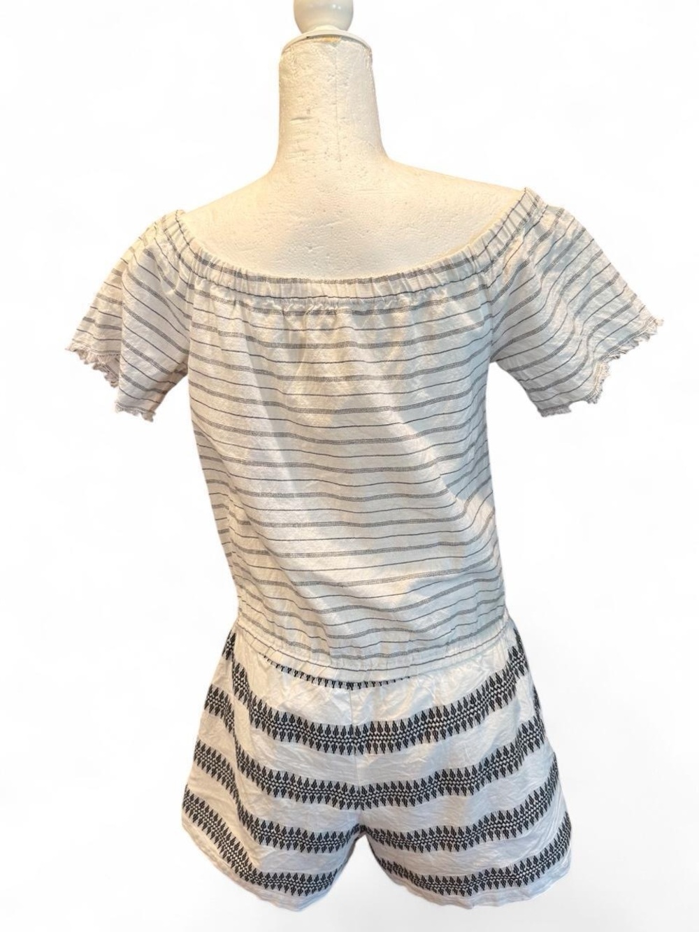 Lovestitch White Cotton Romper W/Black Vertical Stripes And Geometric Pattern. - Picture 3 of 8